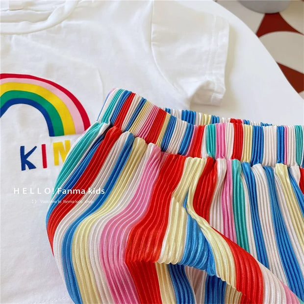 Baby Summer Set Children's Tops and Bottoms Suit New Girls Cute Short-Sleeved T-Shirt Rainbow Pleated Pants Two-Piece 12M-8Y