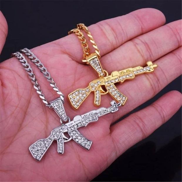 Mens Jewellery Punk Hip Hop Zircon Necklace for Men Personality Creative Submachinegun Pendant Party Jewelry Gift Collar Hombre