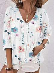 Women's V-neck Button Chiffon Printed Cardigan Long Sleeved Shirt