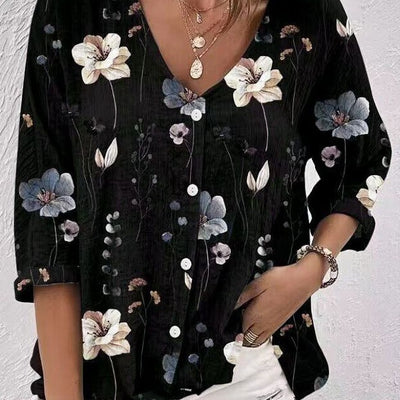 Women's V-neck Button Chiffon Printed Cardigan Long Sleeved Shirt