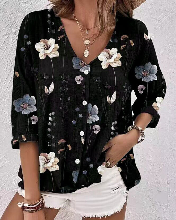 Women's V-neck Button Chiffon Printed Cardigan Long Sleeved Shirt