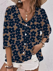 Women's V-neck Button Chiffon Printed Cardigan Long Sleeved Shirt