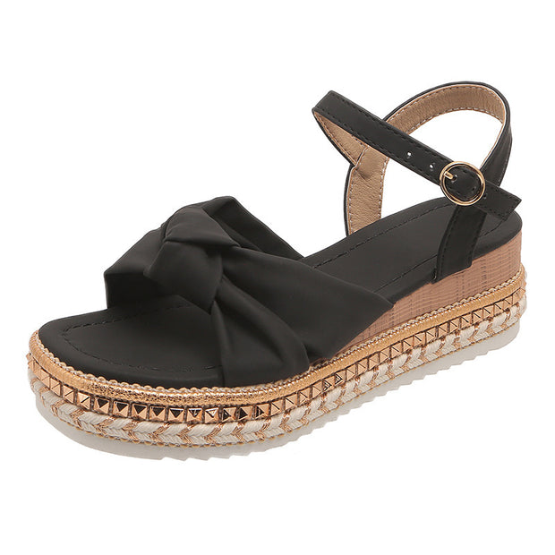 Fashion Flat Hemp Rope Open Toe Sandals With Buckle Cross Bow