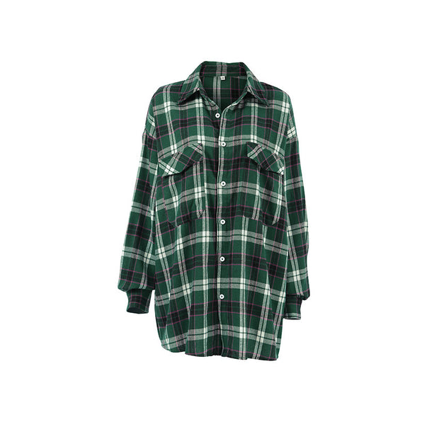 Fashion Green Plaid Shirt Cardigan Design Ladies