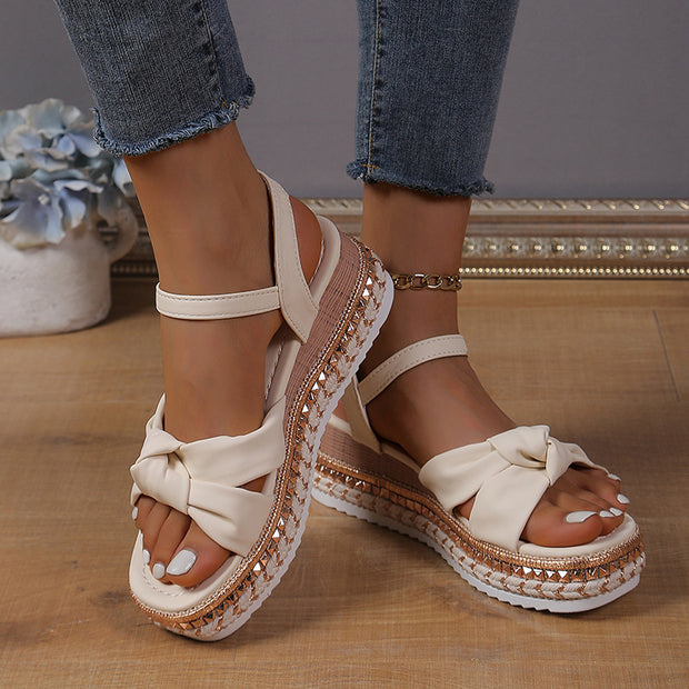 Fashion Flat Hemp Rope Open Toe Sandals With Buckle Cross Bow